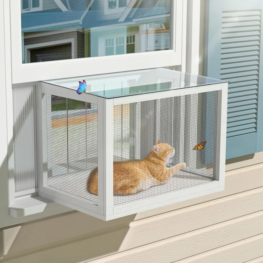 Cat Window Box, Universal Cat Window Perch Catio with Waterproof Transparent Top Fits Double Hung Frames 24″ to 42.5″ Wide, for