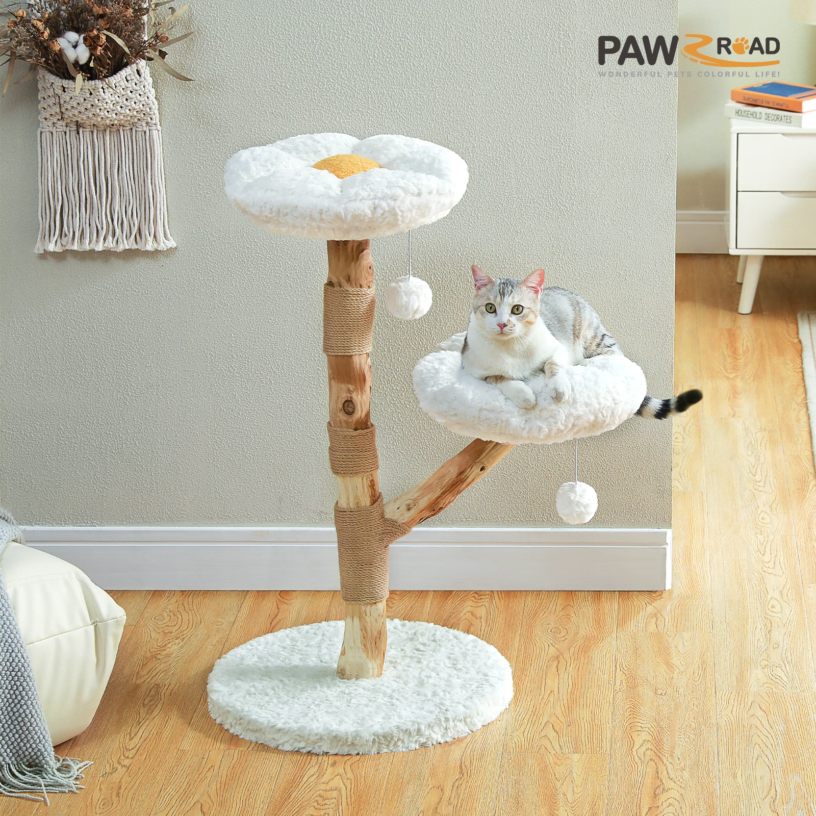 Modern Wood Cat Tower with 2 Perches Sisal Scratching Post