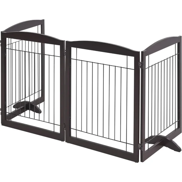 32-Inch Tall Extra Wide Foldable Wire and Wooden Dog Gate with Support Feet for Indoor Puppy Safety