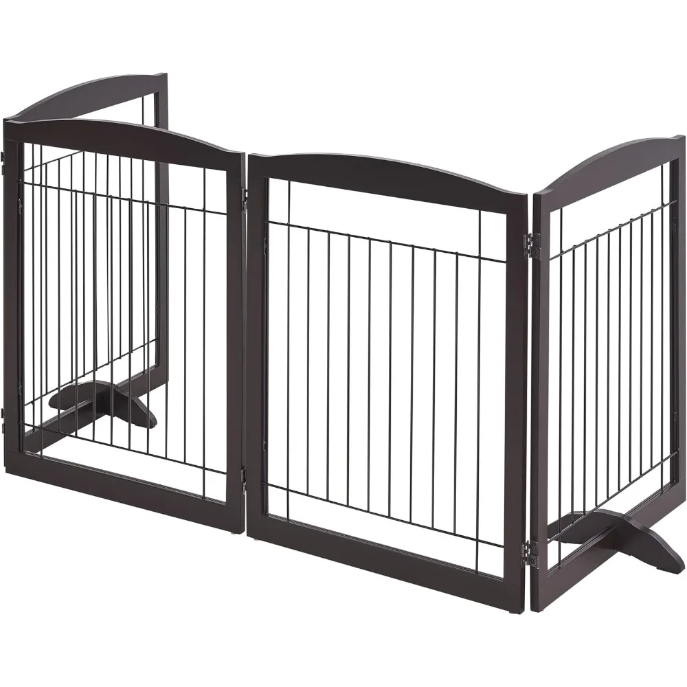 32-Inch Tall Extra Wide Foldable Wire and Wooden Dog Gate with Support Feet for Indoor Puppy Safety